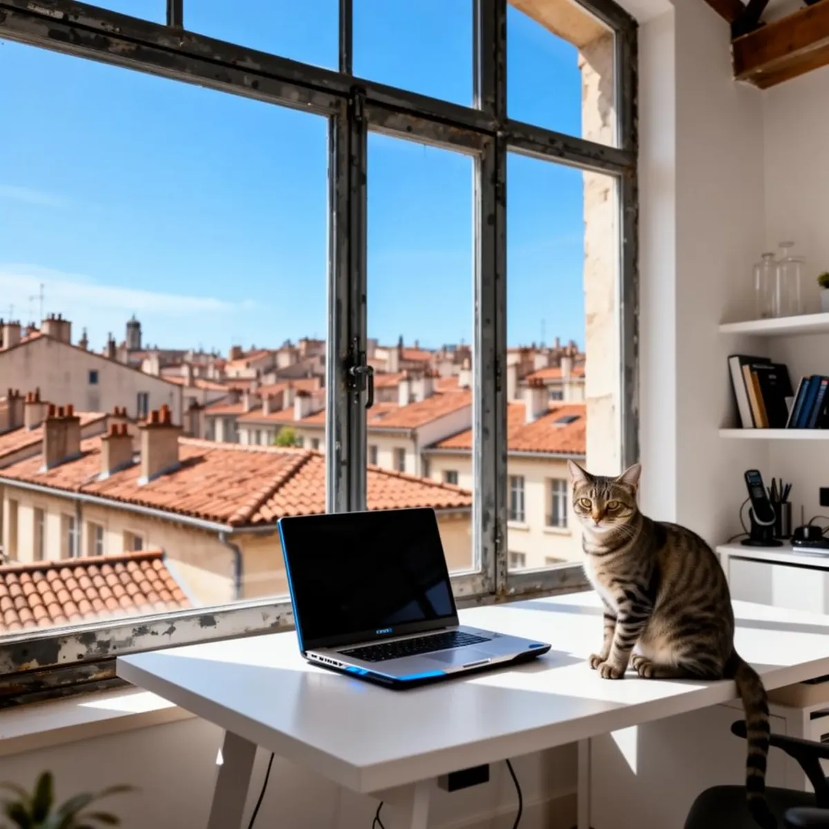 Home office dans un loft lyonnais avec chat