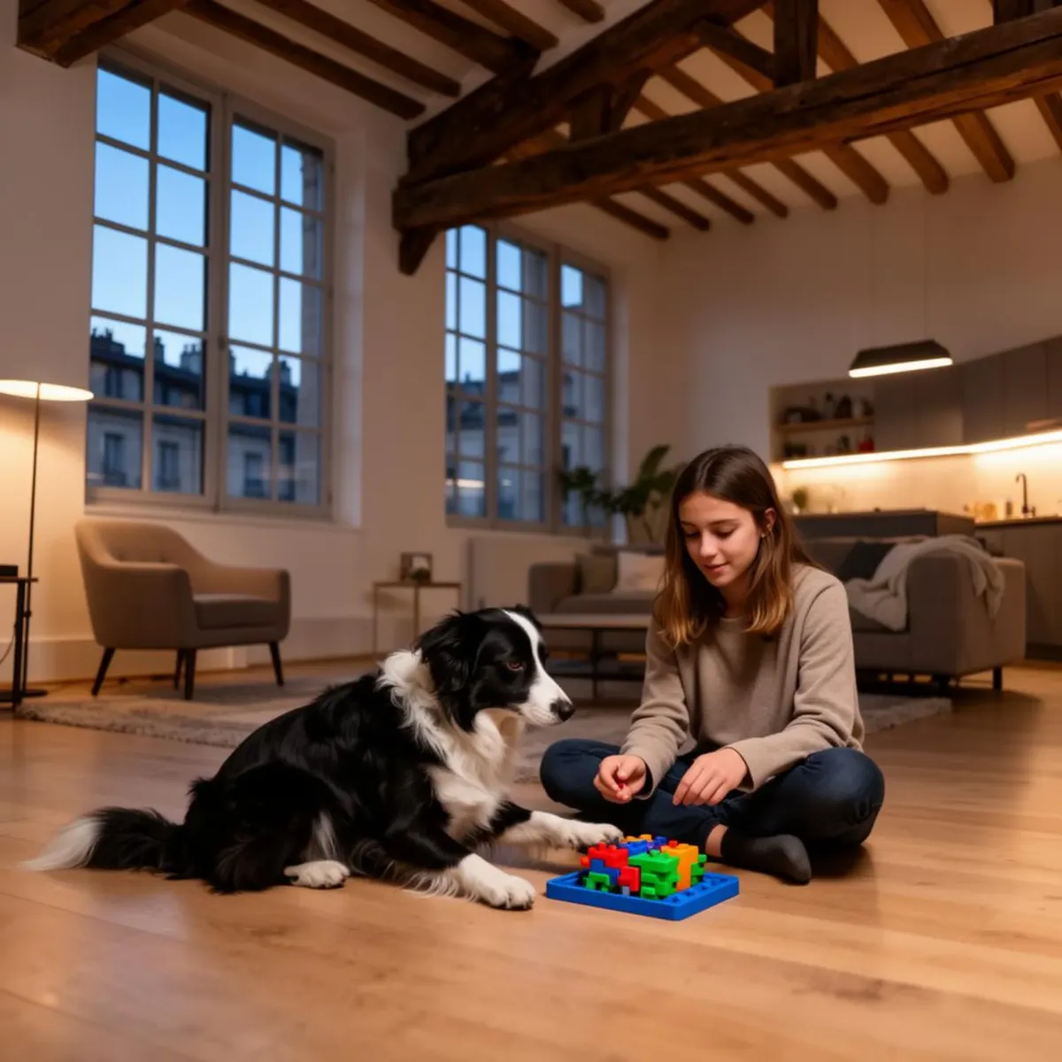 Border Collie avec sa gardienne dans un loft de la Croix-Rousse à Lyon