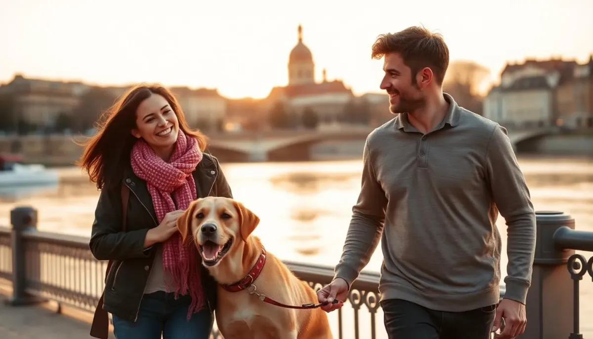 Elisa et Jérémie promenant un chien sur les quais de Saône à Lyon