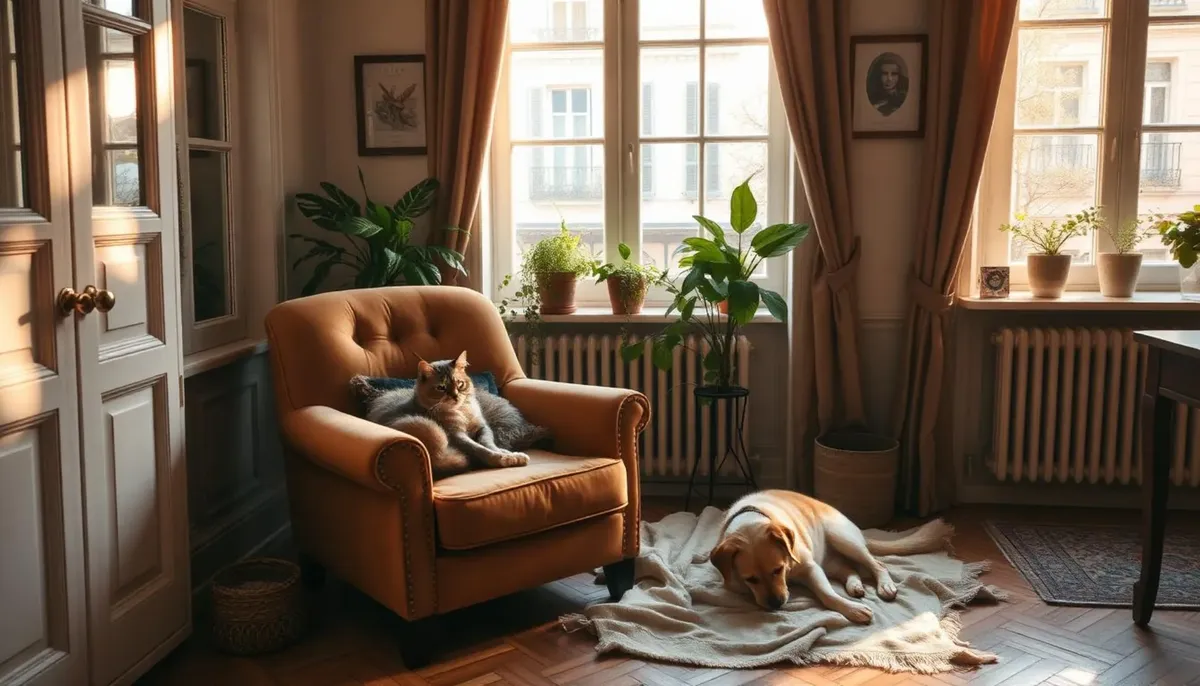 Chat et chien dans un appartement lyonnais chaleureux