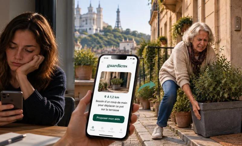Une jeune femme sur son téléphone et une femme âgée avec un lourd pot de fleurs, reliées par une demande de coup de main sur Guardiens