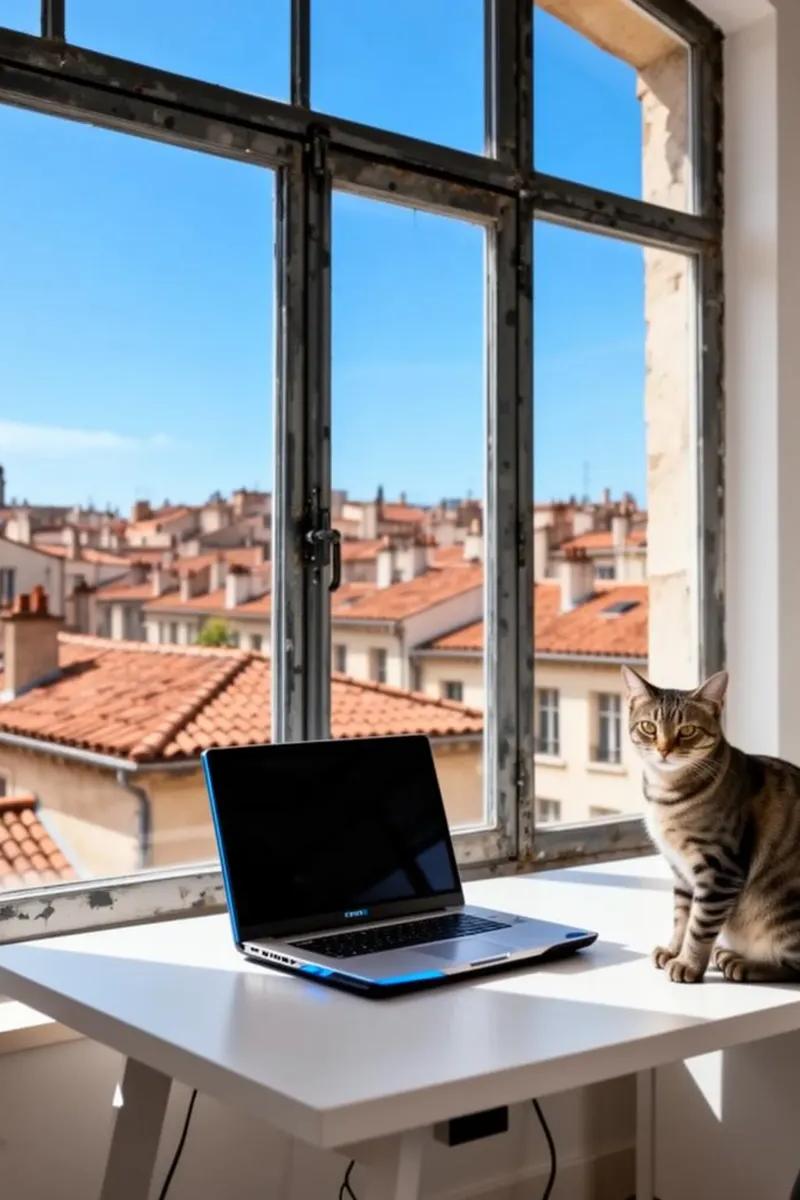 Home office in a Lyon loft with a cat