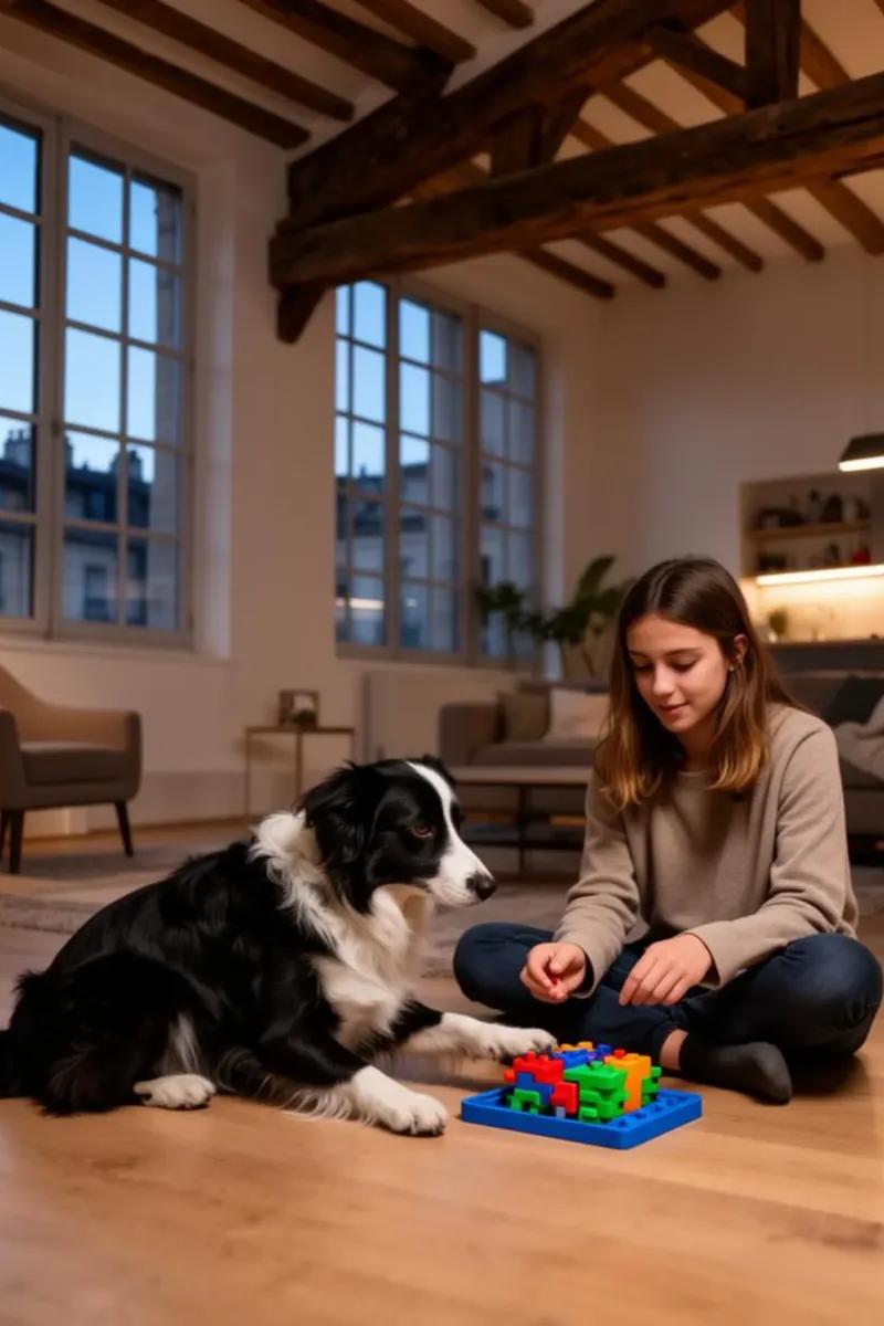 Border Collie avec sa gardienne dans un loft de la Croix-Rousse à Lyon