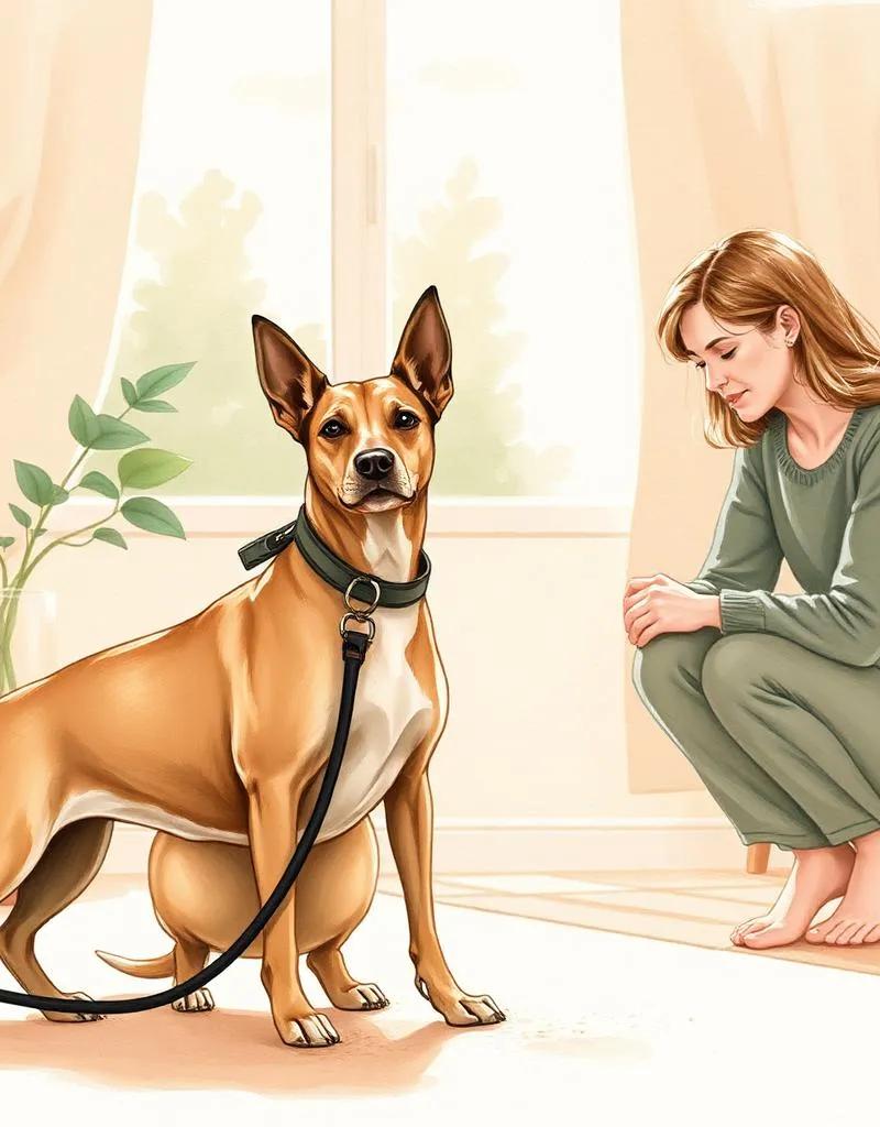 Chien réactif tenu en laisse, mis en confiance par une personne à domicile, garde en home sitting