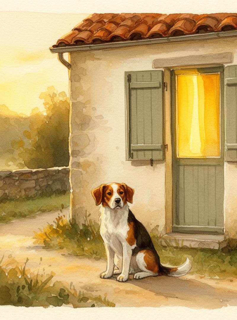 Maison illustrée à la gouache — chien et chat à la fenêtre, ambiance house-sitting Guardiens