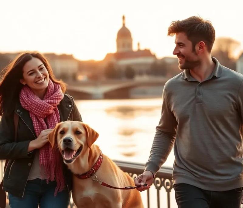 Elisa et Jérémie promenant un chien sur les quais de Saône à Lyon