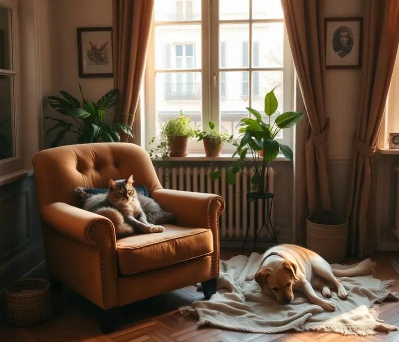 Chat et chien dans un appartement lyonnais chaleureux