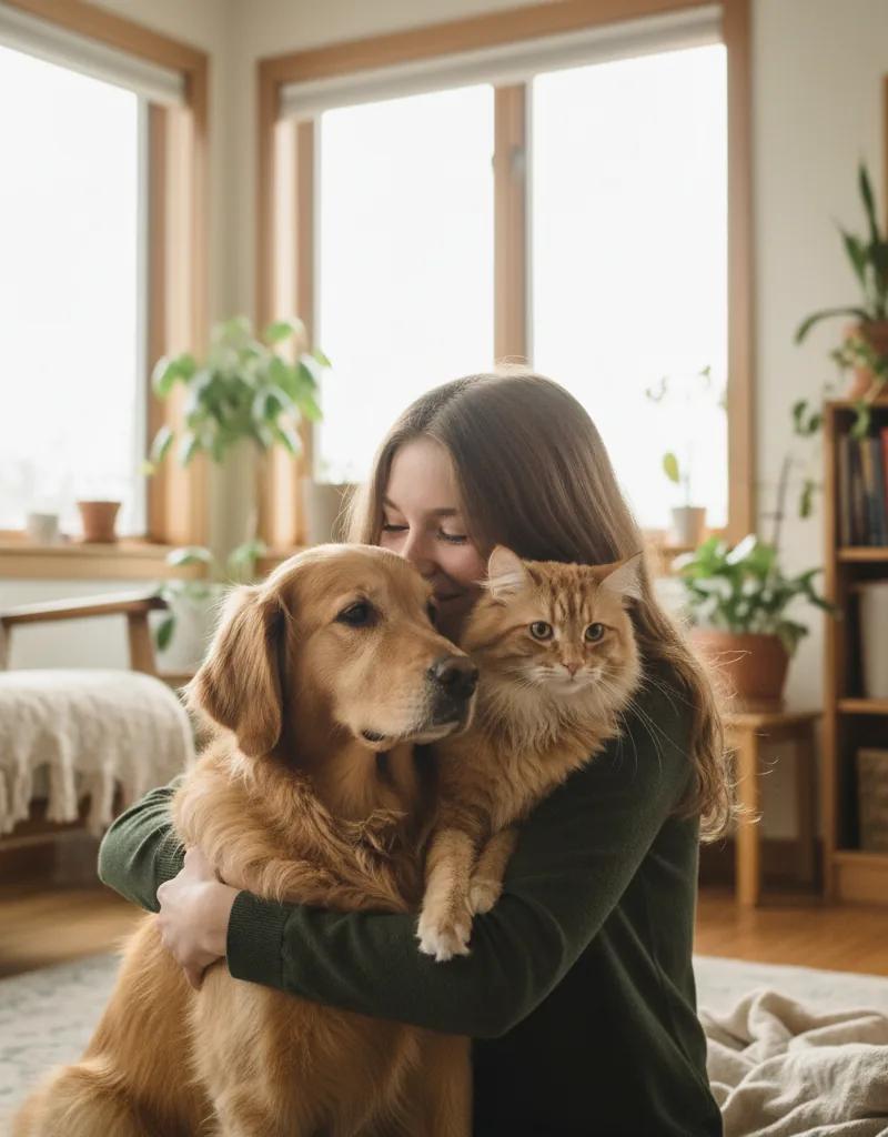 Personne en train de garder un chien dans un salon lumineux