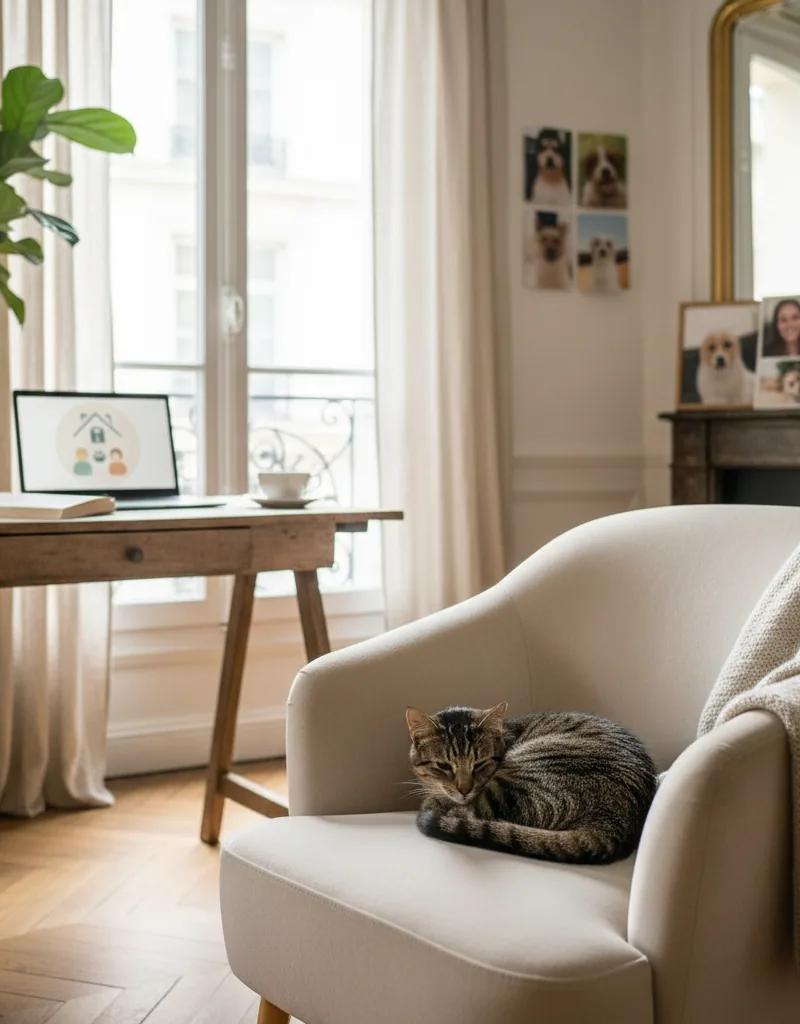 Maison illustrée à la gouache, chien et chat à la fenêtre, ambiance house-sitting Guardiens