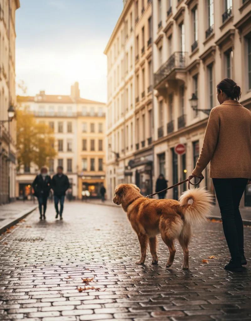 Chien à la Croix-Rousse de Lyon, devant un escalier typique du quartier