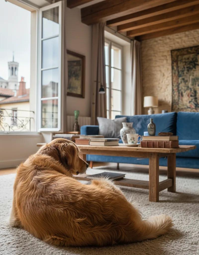 Golden retriever sitting next to a suitcase on the banks of the Rhône in Lyon before leaving for vacation