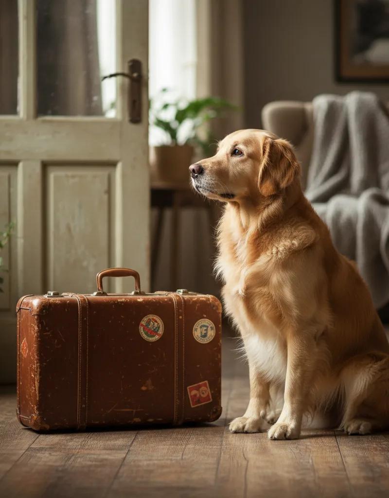 Animale domestico accanto a una valigia, prima della partenza del proprietario