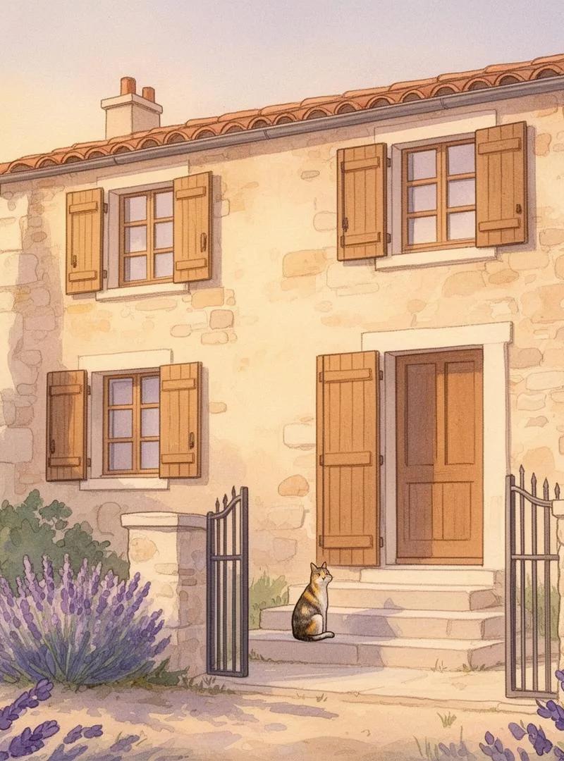 Maison française en pierre avec volets fermés, symbole d'une résidence à confier pendant une expatriation