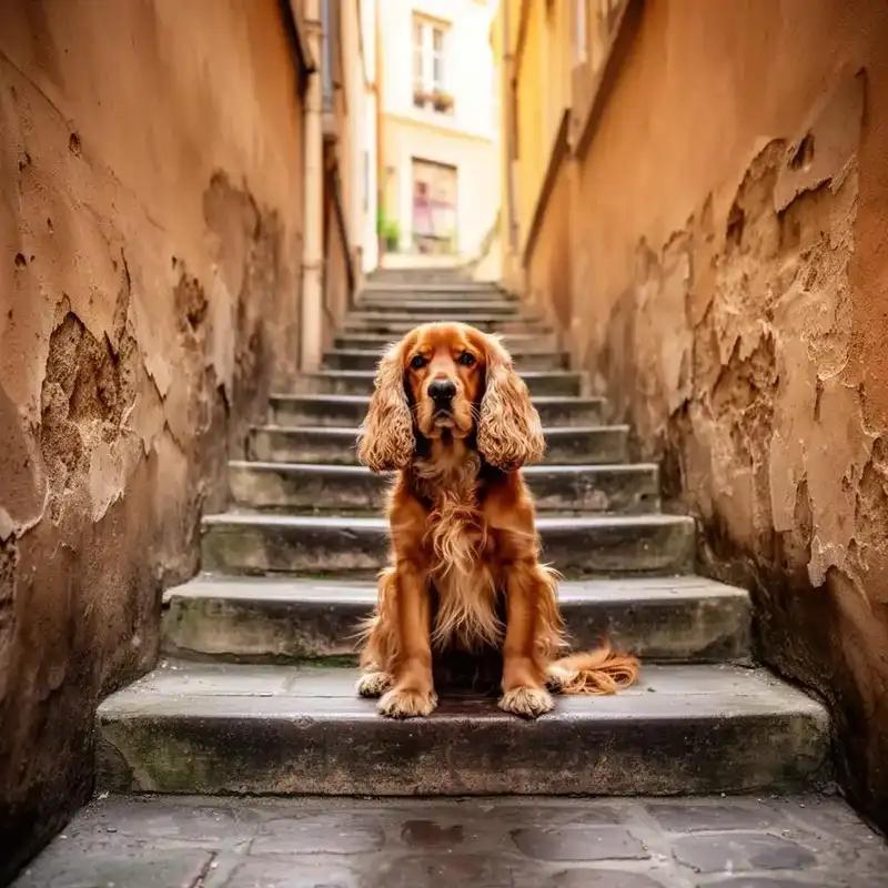 Chien à la Croix-Rousse de Lyon, devant un escalier typique du quartier