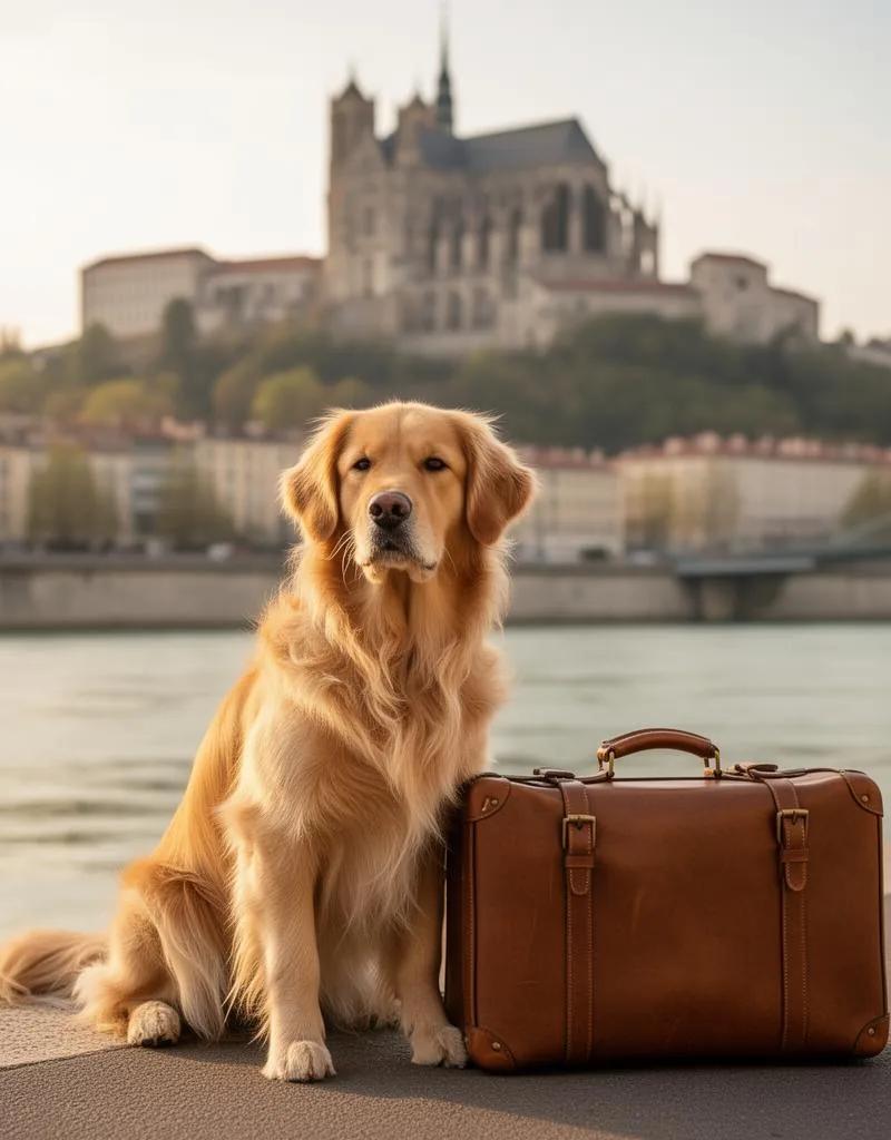 Golden retriever assis à côté d'une valise sur les quais du Rhône à Lyon avant le départ en vacances
