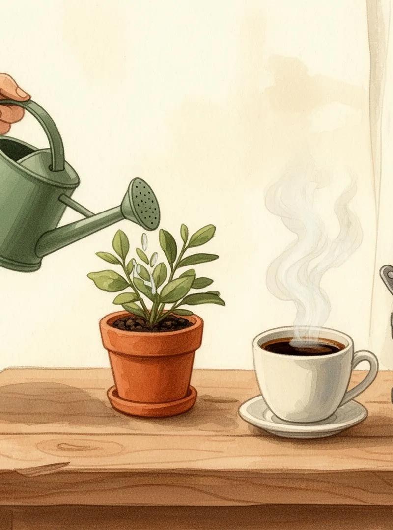 Illustration gouache : arrosoir, plante en pot, laisse, tasse de café et boîte à outils sur une table en bois