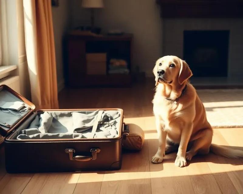 Animal de compagnie à côté d'une valise, avant le départ du propriétaire