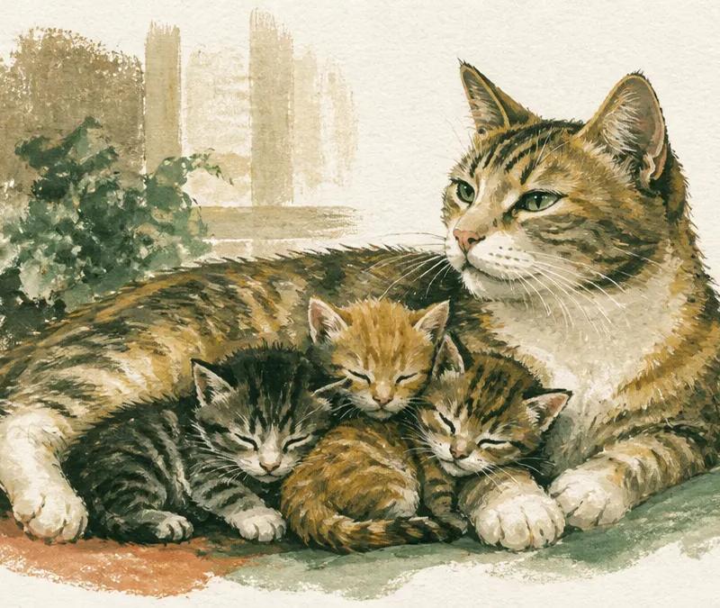 Illustration à la gouache d'une chatte allongée avec ses trois chatons dans une lumière douce