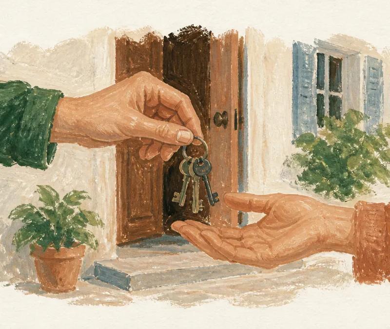 Illustration à la gouache d'un trousseau de clés passant d'une main à une autre sur le pas d'une porte
