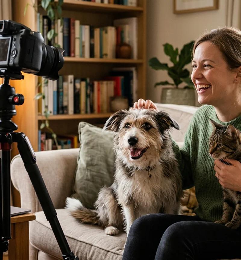 Femme avec son chien devant un ordinateur portable