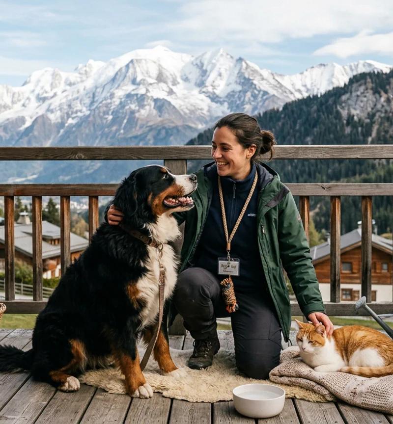 Panoramic view of the Alps in Haute-Savoie with a dog enjoying the landscape, illustrating pet sitting in the region