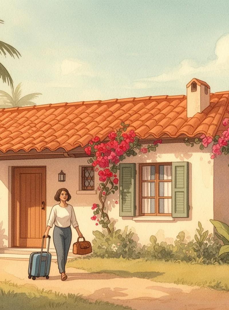 Maison d'expatrié français à l'étranger avec bougainvilliers et palmiers, gardien arrivant avec sa valise